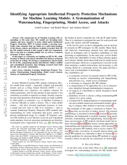 Identifying Appropriate Intellectual Property Protection Mechanisms for
  Machine Learning Models: A Systematization of Watermarking, Fingerprinting,
  Model Access, and Attacks