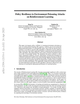 Policy Resilience to Environment Poisoning Attacks on Reinforcement
  Learning