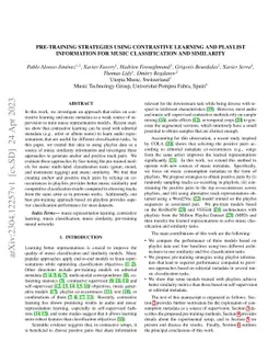 Pre-Training Strategies Using Contrastive Learning and Playlist
  Information for Music Classification and Similarity