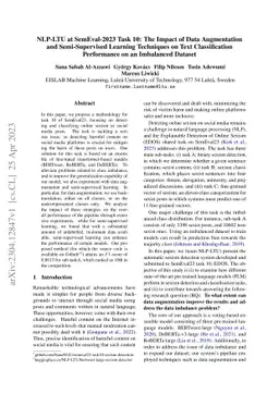 NLP-LTU at SemEval-2023 Task 10: The Impact of Data Augmentation and
  Semi-Supervised Learning Techniques on Text Classification Performance on an
  Imbalanced Dataset