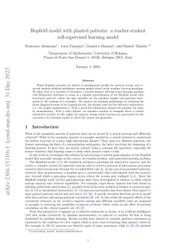 Hopfield model with planted patterns: a teacher-student self-supervised
  learning model