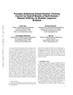 Provably Stabilizing Global-Position Tracking Control for Hybrid Models
  of Multi-Domain Bipedal Walking via Multiple Lyapunov Analysis
