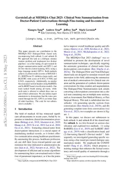 GersteinLab at MEDIQA-Chat 2023: Clinical Note Summarization from
  Doctor-Patient Conversations through Fine-tuning and In-context Learning