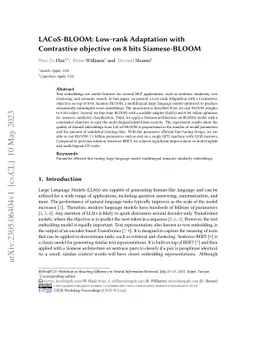 LACoS-BLOOM: Low-rank Adaptation with Contrastive objective on 8 bits
  Siamese-BLOOM