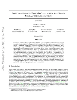 Backpropagation-Free 4D Continuous Ant-Based Neural Topology Search