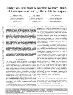Energy cost and machine learning accuracy impact of k-anonymisation and
  synthetic data techniques