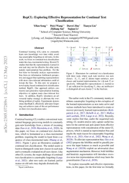 RepCL: Exploring Effective Representation for Continual Text
  Classification