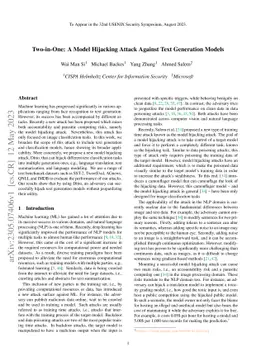 Two-in-One: A Model Hijacking Attack Against Text Generation Models