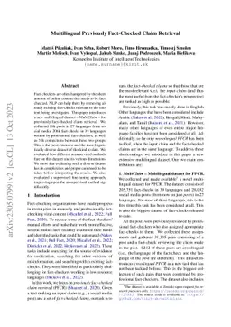 Multilingual Previously Fact-Checked Claim Retrieval