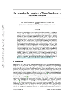On enhancing the robustness of Vision Transformers: Defensive Diffusion