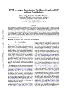 CWTM: Leveraging Contextualized Word Embeddings from BERT for Neural
  Topic Modeling