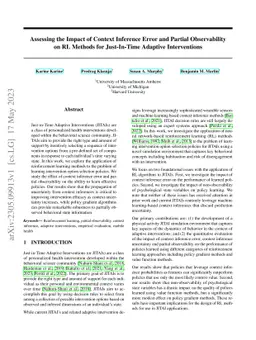 Assessing the Impact of Context Inference Error and Partial
  Observability on RL Methods for Just-In-Time Adaptive Interventions