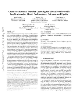 Cross-Institutional Transfer Learning for Educational Models:
  Implications for Model Performance, Fairness, and Equity