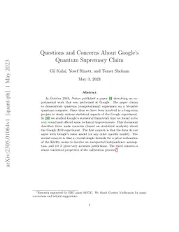 Questions and Concerns About Google's Quantum Supremacy Claim