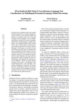 DN at SemEval-2023 Task 12: Low-Resource Language Text Classification
  via Multilingual Pretrained Language Model Fine-tuning