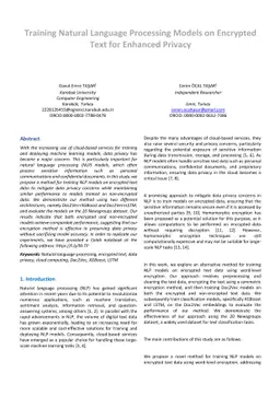 Training Natural Language Processing Models on Encrypted Text for
  Enhanced Privacy