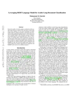 Leveraging BERT Language Model for Arabic Long Document Classification