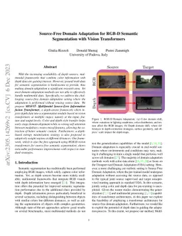 Source-Free Domain Adaptation for RGB-D Semantic Segmentation with
  Vision Transformers