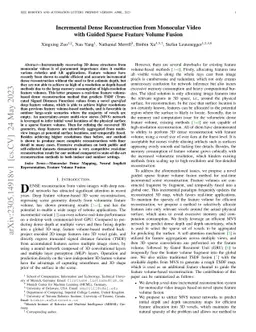 Incremental Dense Reconstruction from Monocular Video with Guided Sparse
  Feature Volume Fusion