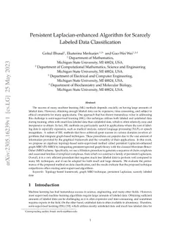 Persistent Laplacian-enhanced Algorithm for Scarcely Labeled Data
  Classification