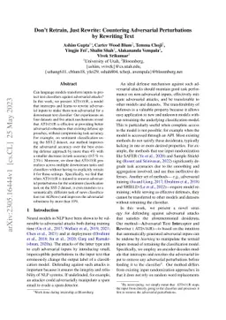 Don't Retrain, Just Rewrite: Countering Adversarial Perturbations by
  Rewriting Text