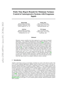 Finite Time Regret Bounds for Minimum Variance Control of Autoregressive
  Systems with Exogenous Inputs
