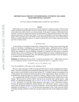 Differentially Private Low-dimensional Synthetic Data from
  High-dimensional Datasets