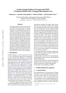 On the Copying Problem of Unsupervised NMT: A Training Schedule with a
  Language Discriminator Loss