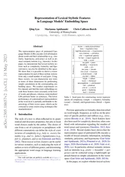Representation Of Lexical Stylistic Features In Language Models'
  Embedding Space