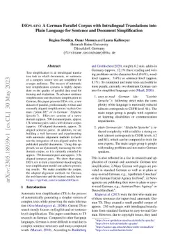 DEPLAIN: A German Parallel Corpus with Intralingual Translations into
  Plain Language for Sentence and Document Simplification