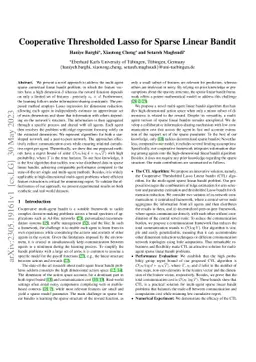 Cooperative Thresholded Lasso for Sparse Linear Bandit