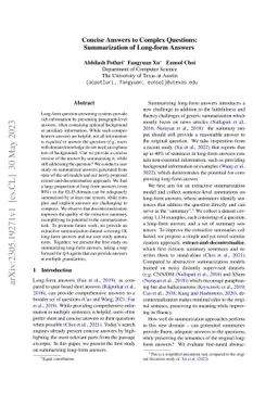 Concise Answers to Complex Questions: Summarization of Long-form Answers