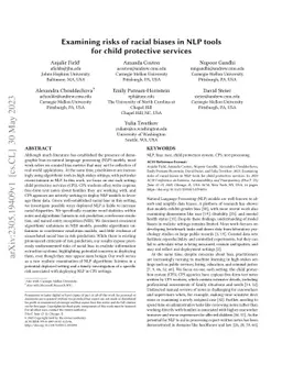 Examining risks of racial biases in NLP tools for child protective
  services