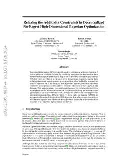 Relaxing the Additivity Constraints in Decentralized No-Regret
  High-Dimensional Bayesian Optimization