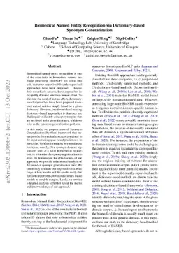 Biomedical Named Entity Recognition via Dictionary-based Synonym
  Generalization