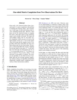 One-sided Matrix Completion from Two Observations Per Row