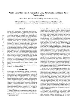 Arabic Dysarthric Speech Recognition Using Adversarial and Signal-Based
  Augmentation