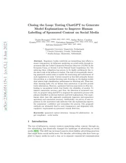 Closing the Loop: Testing ChatGPT to Generate Model Explanations to
  Improve Human Labelling of Sponsored Content on Social Media