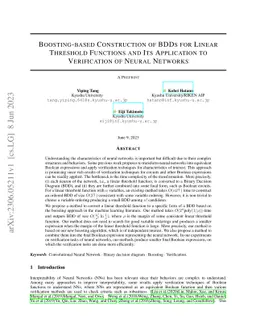 Boosting-based Construction of BDDs for Linear Threshold Functions and
  Its Application to Verification of Neural Networks