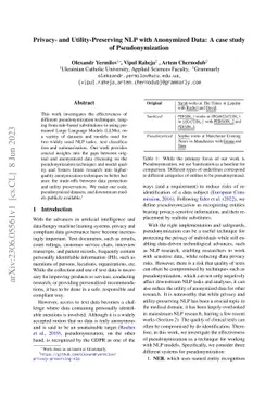 Privacy- and Utility-Preserving NLP with Anonymized Data: A case study
  of Pseudonymization