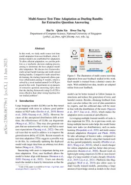 Multi-Source Test-Time Adaptation as Dueling Bandits for Extractive
  Question Answering