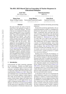 The BEA 2023 Shared Task on Generating AI Teacher Responses in
  Educational Dialogues