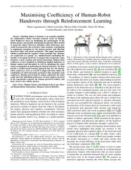Maximising Coefficiency of Human-Robot Handovers through Reinforcement
  Learning