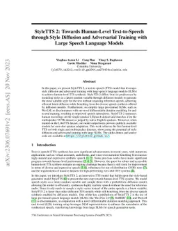 StyleTTS 2: Towards Human-Level Text-to-Speech through Style Diffusion
  and Adversarial Training with Large Speech Language Models