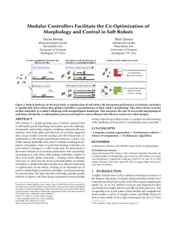 Modular Controllers Facilitate the Co-Optimization of Morphology and
  Control in Soft Robots