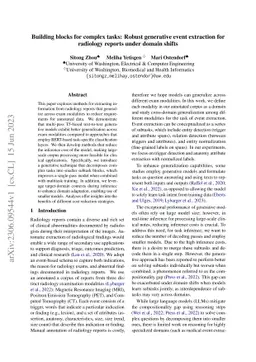 Building blocks for complex tasks: Robust generative event extraction
  for radiology reports under domain shifts