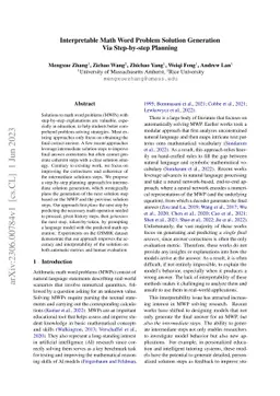 Interpretable Math Word Problem Solution Generation Via Step-by-step
  Planning