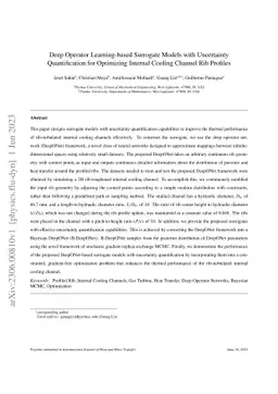 Deep Operator Learning-based Surrogate Models with Uncertainty
  Quantification for Optimizing Internal Cooling Channel Rib Profiles
