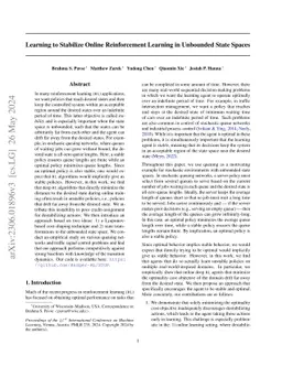 Learning to Stabilize Online Reinforcement Learning in Unbounded State
  Spaces