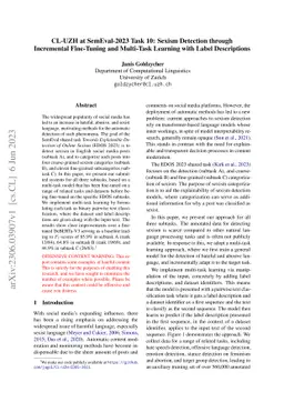 CL-UZH at SemEval-2023 Task 10: Sexism Detection through Incremental
  Fine-Tuning and Multi-Task Learning with Label Descriptions
